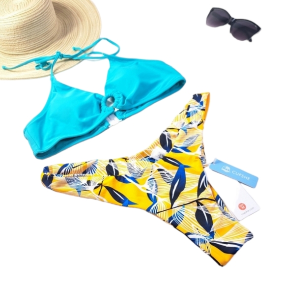 CUPSHE Turquoise Halter O Ring Women's Bikini Set Floral Print Low Rise - Picture 7 of 16